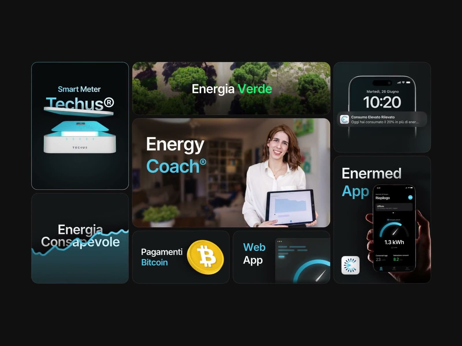 Animated bento grid with smart meter, energy coach, app and bitcoin payments on a dark background