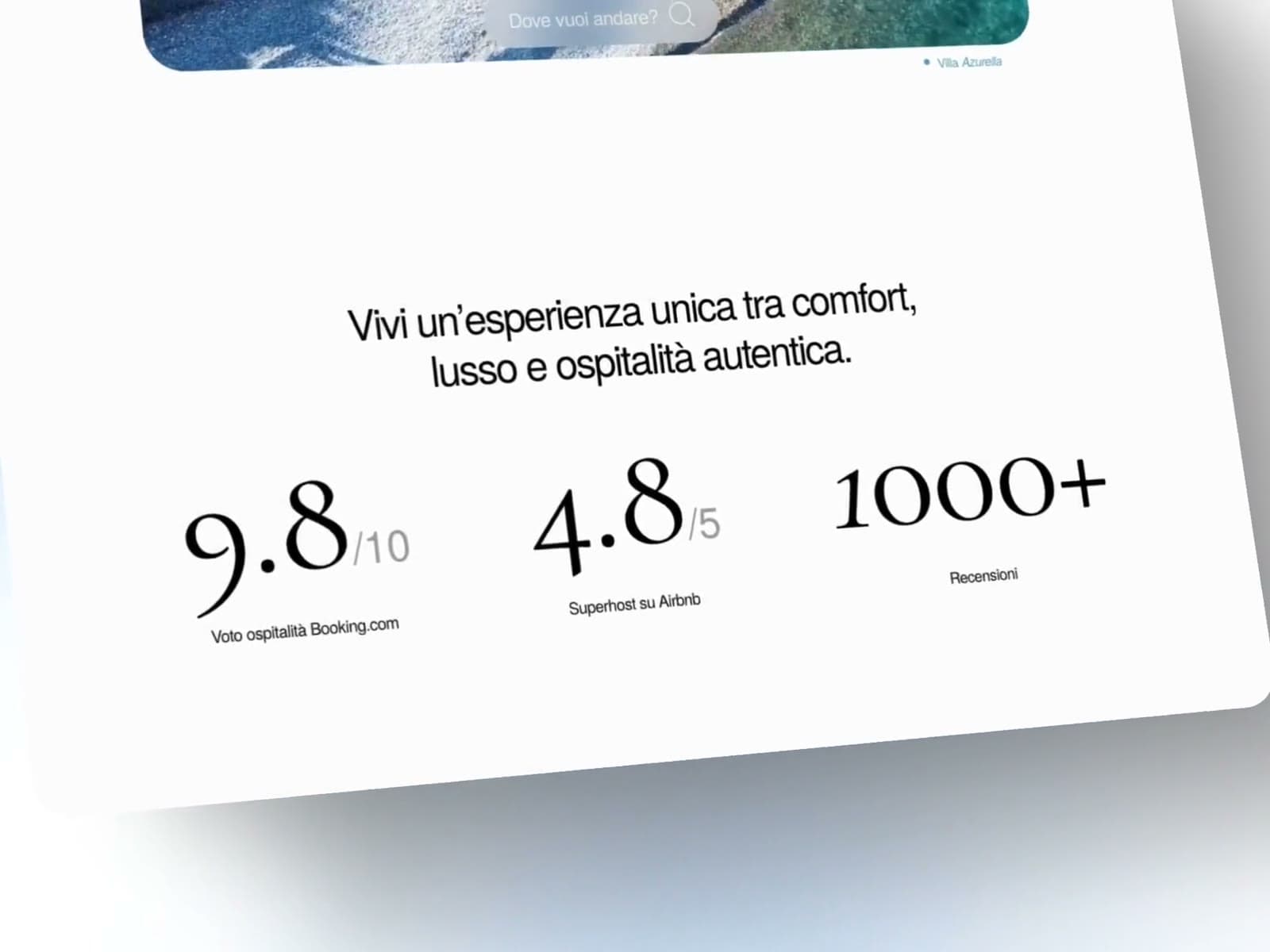 Luxury hospitality website with serif typography and the scores 9.8/10, 4.8/5 and 1000+ reviews
