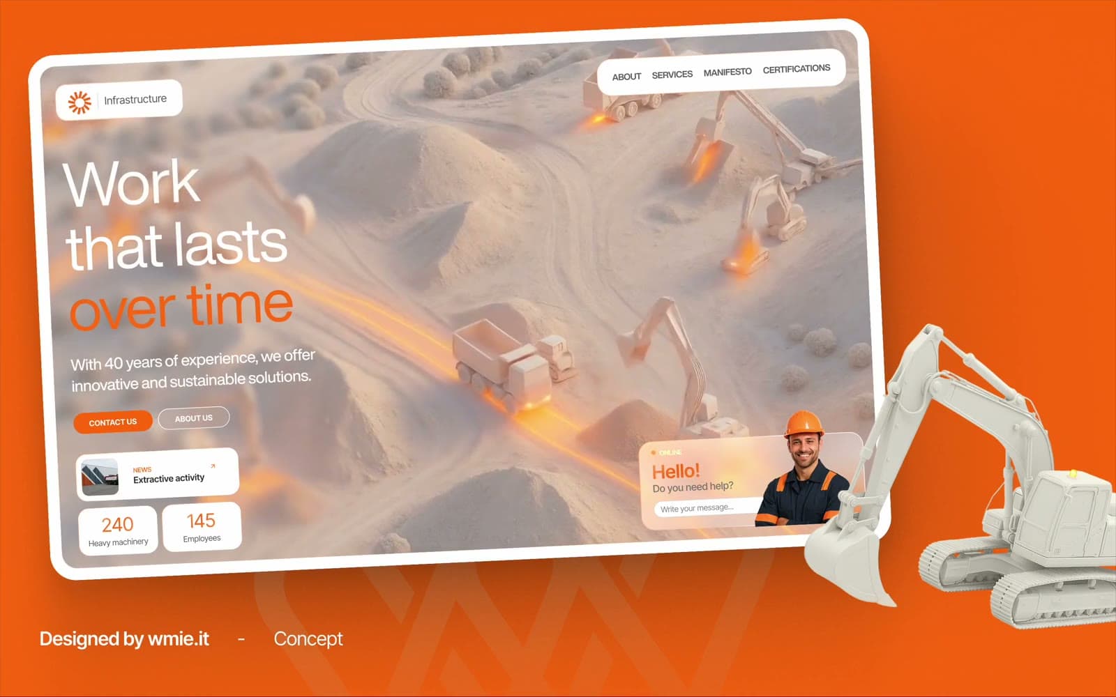 Orange hero for an extraction company with a 3D excavator, a worker and the claim "Work that lasts over time"