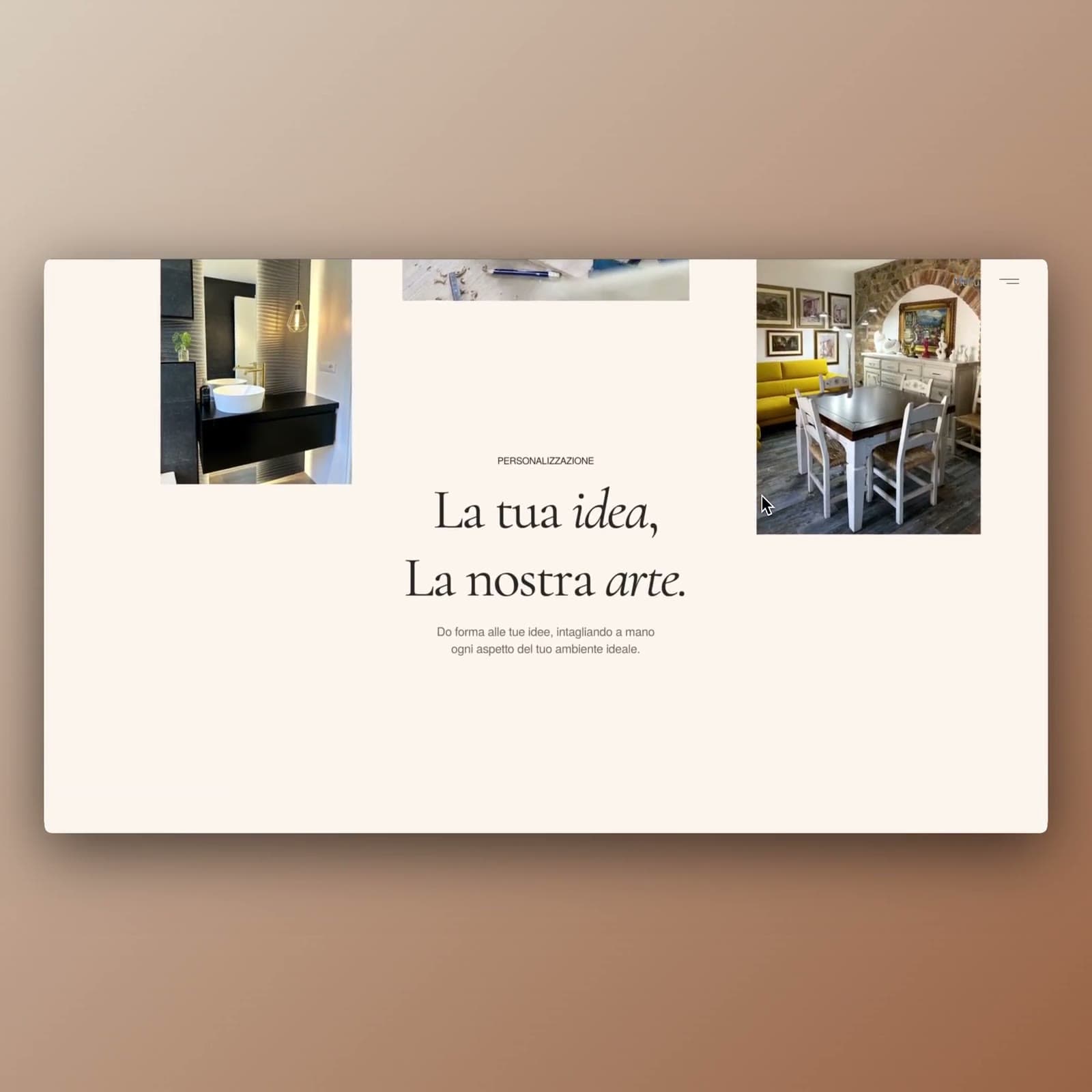 Screen recording of the Falegnameria Marcello Cara homepage: a collage of furniture photos, serif headings and the signature watermark