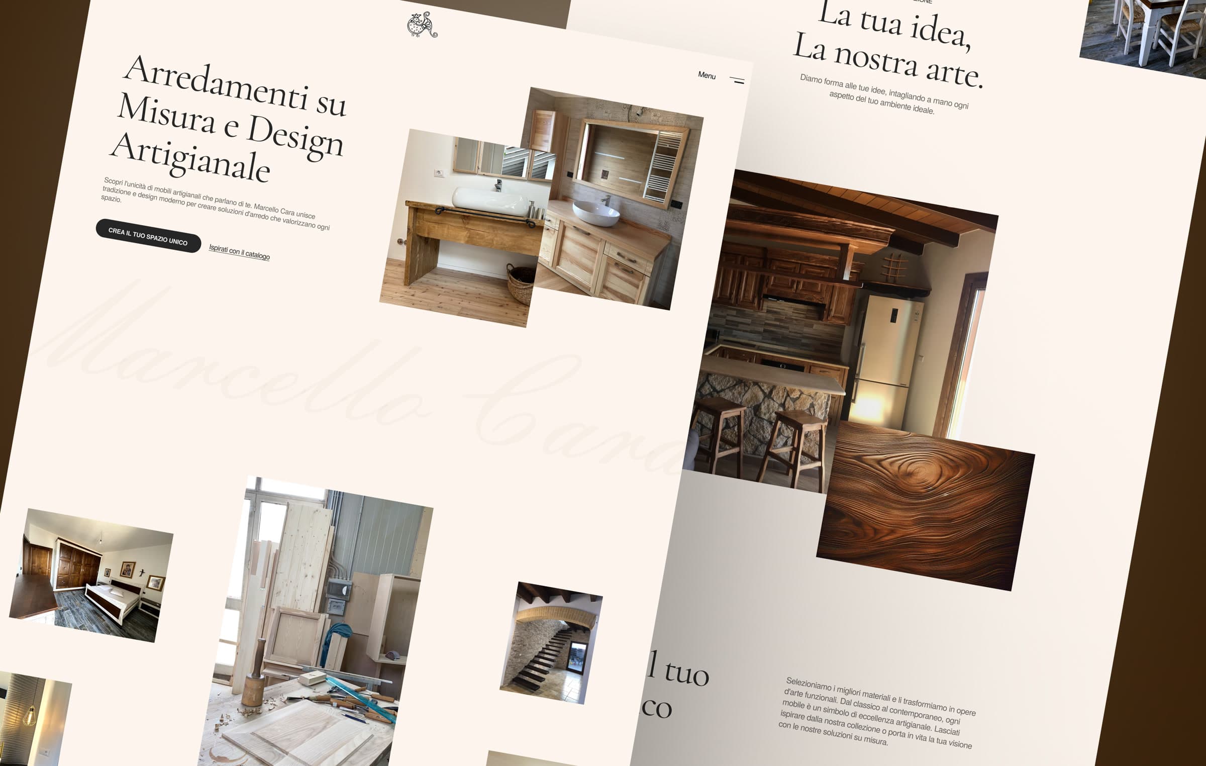 Render inclinato di due schermate del sito: l'hero "Arredamenti su Misura e Design Artigianale" e la sezione "La tua idea, la nostra arte"