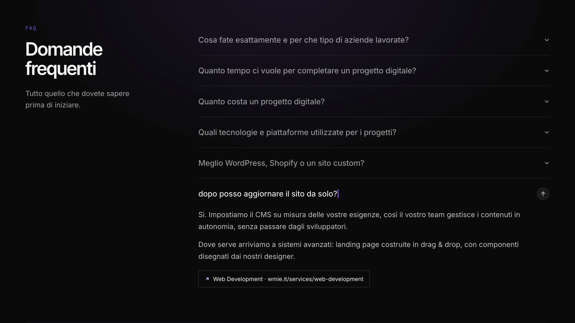 Sezione FAQ di wmie.it con una domanda libera e la risposta generata dai contenuti del sito