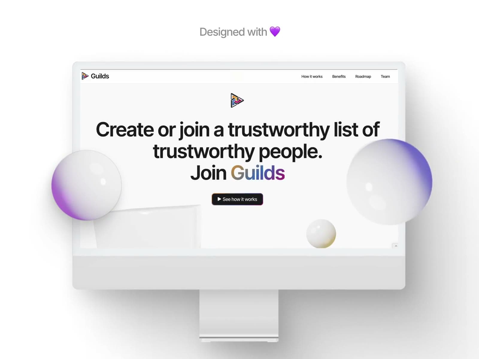 Guilds hero with a white monitor, purple 3D spheres and the claim "Create or join a trustworthy list of trustworthy people"