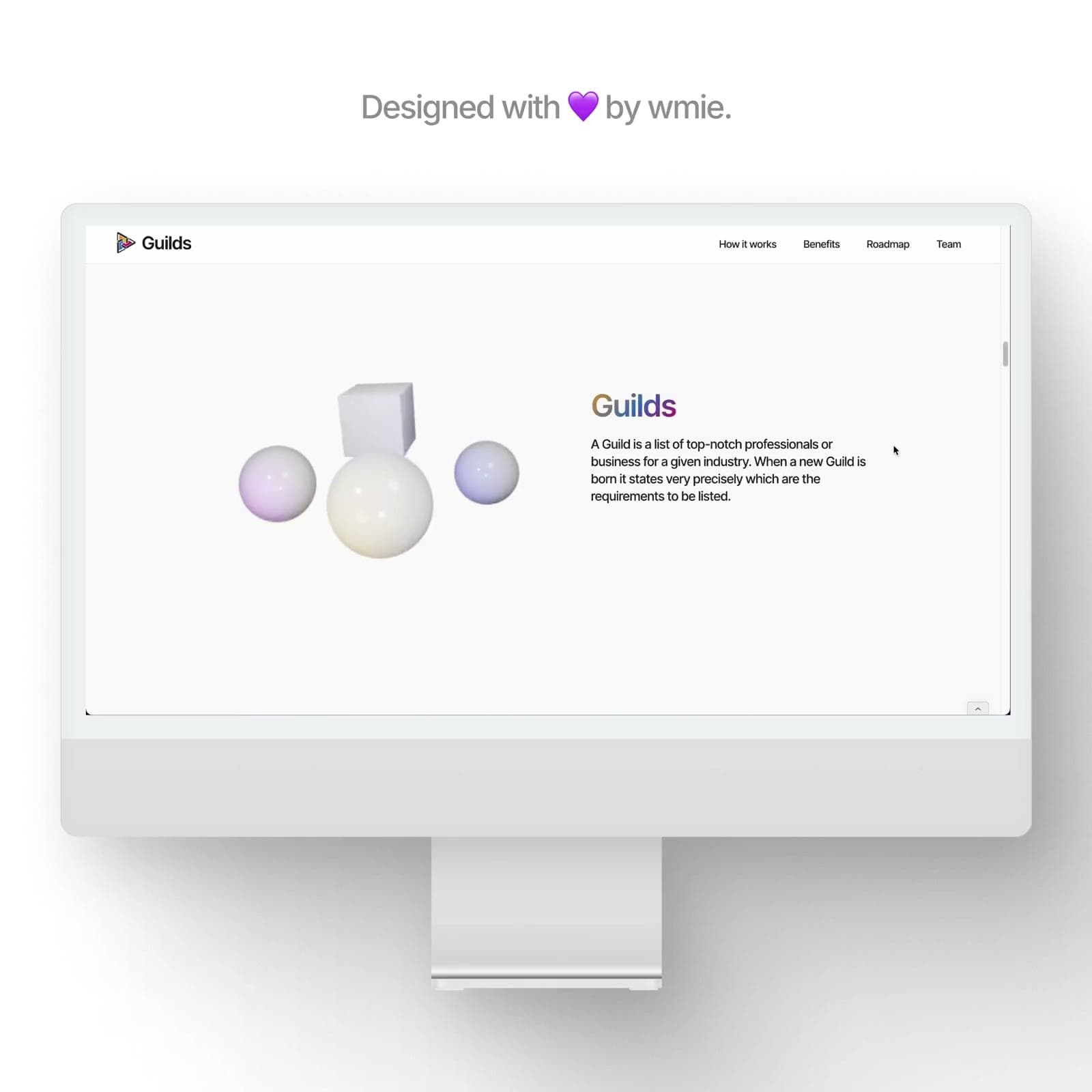 Tokenomics and benefits section of the Guilds website with animated 3D elements