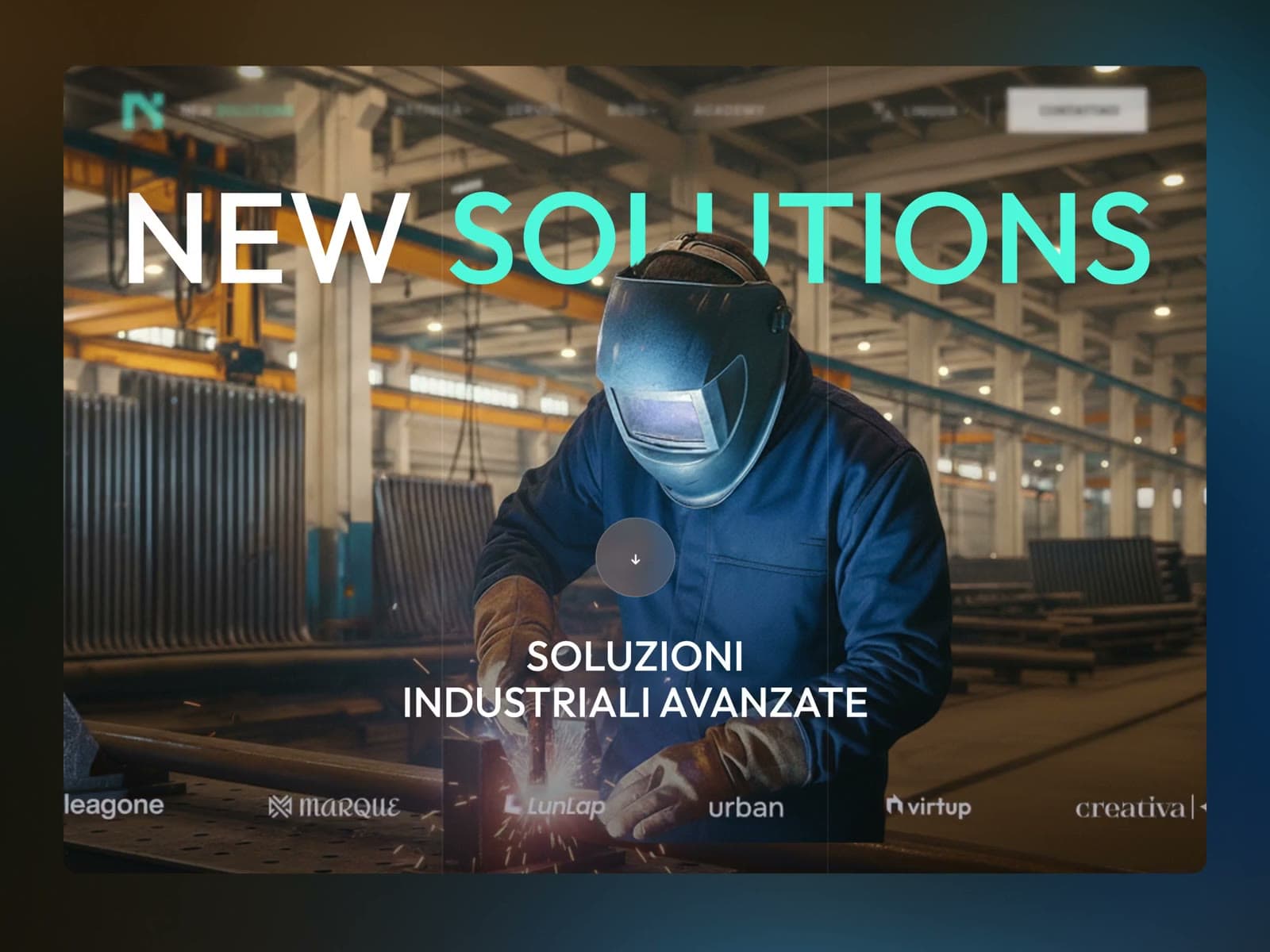 Animated hero for an industrial company with a welder, partner logos and a 45+ years counter
