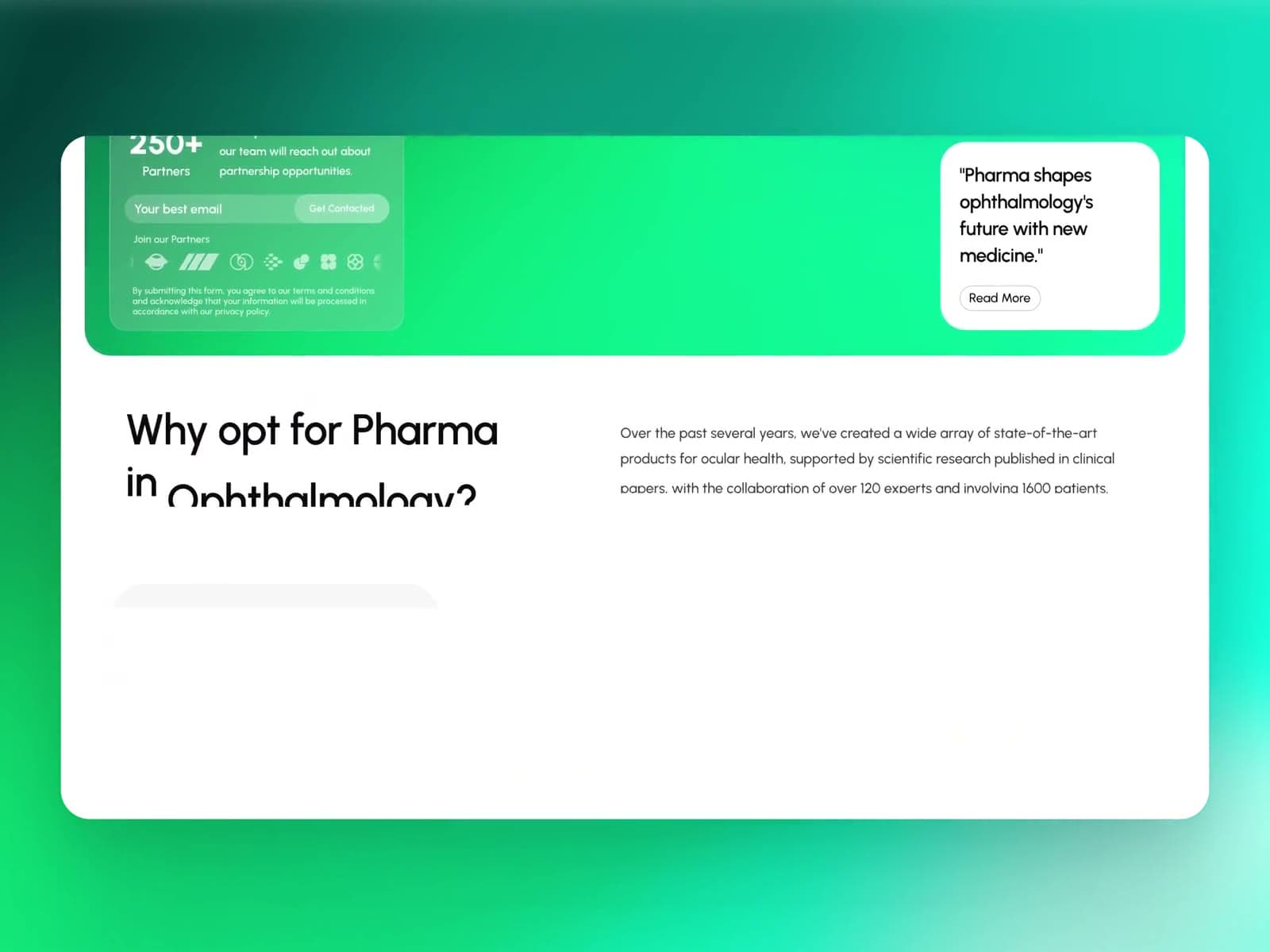 Pharmaceutical R&D page on ophthalmology with teal-green background and pathology tags