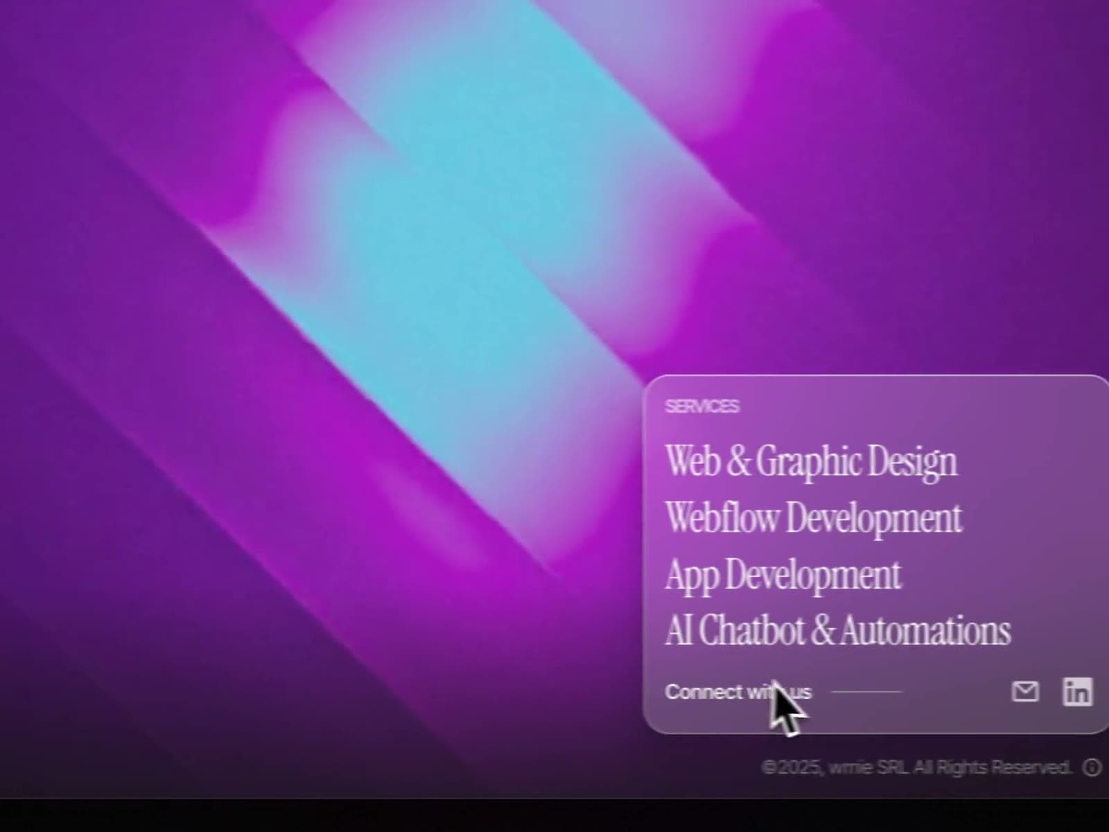 Compact one-screen wmie homepage with purple gradient and the claim "We build websites impossible to ignore"
