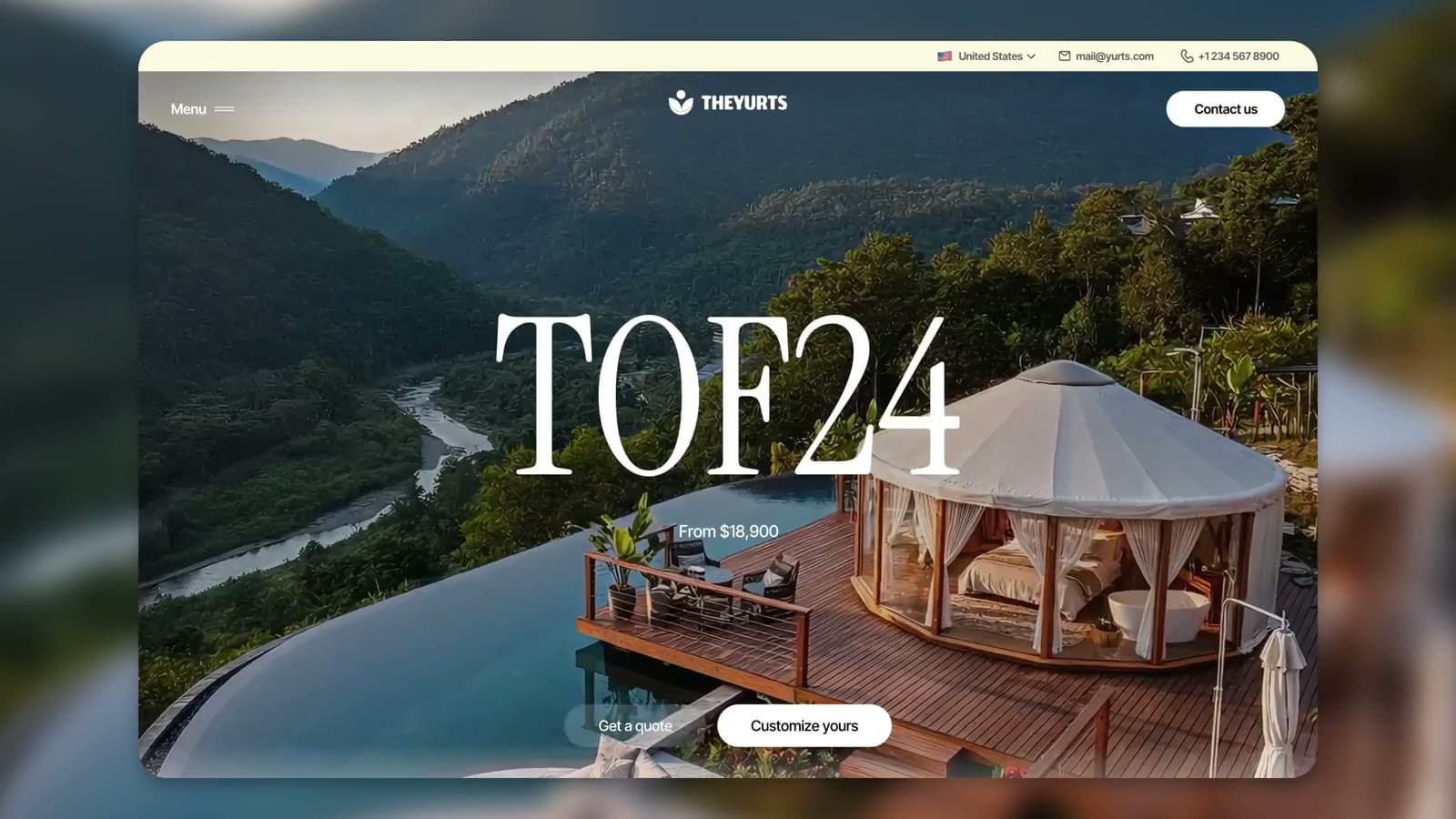Product page of the yurt model with starting price, exploded 3D view and technical details