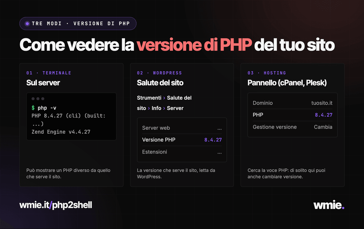 Tre modi per vedere la versione di PHP: il comando php -v nel terminale, Strumenti, Salute del sito, Info, Server in WordPress, la voce PHP nel pannello dell'hosting