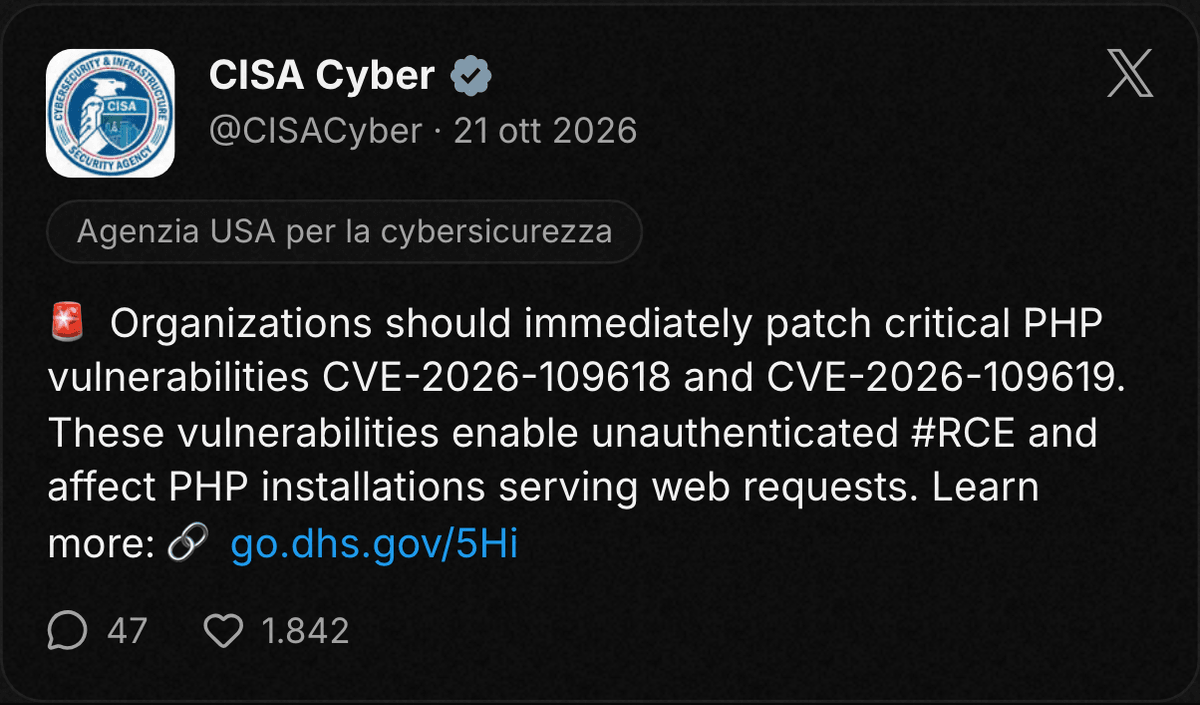 Post su X di CISA Cyber: le organizzazioni devono installare subito le patch per CVE-2026-109618 e CVE-2026-109619, RCE non autenticata