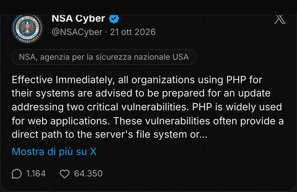 Post su X di NSA Cyber: le organizzazioni che usano PHP devono prepararsi a un aggiornamento che corregge due vulnerabilità critiche